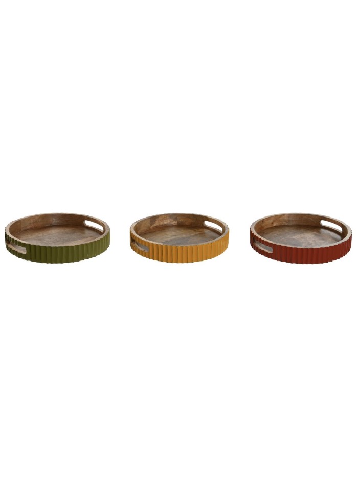 Bandeja Home ESPRIT Amarillo Verde Coral Madera de mango 30 x 30 x 5 cm (3 Unidades)