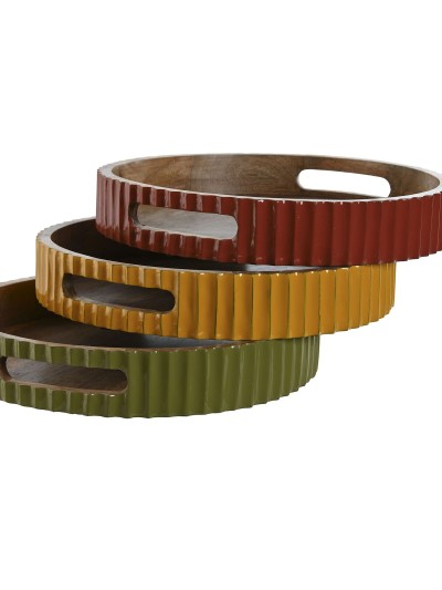 Plateau Home ESPRIT Jaune Vert Corail Bois de manguier 30 x 30 x 5 cm (3 Unités)