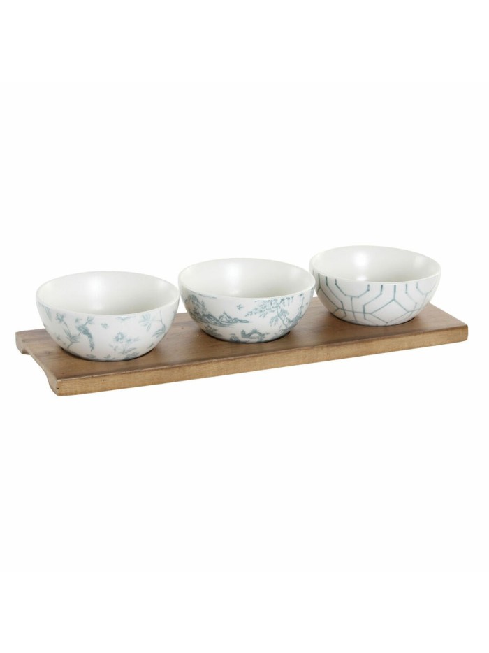 Set de Aperitivo DKD Home Decor Blanco Azul marino Porcelana Acacia Plástico Oriental 4 Piezas 30 x 9,5 x 1,3 cm