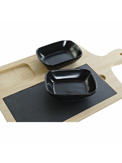 Ensemble à apértif DKD Home Decor Noir Naturel Bambou Plastique Grès Ardoise Cottage 33 x 19,7 x 3,5 cm (4 pcs)
