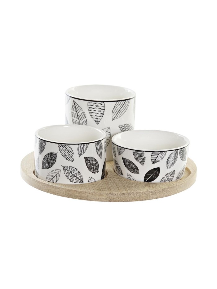 Ensemble à apértif DKD Home Decor Blanc/Noir Bambou Grès Volets Cottage 3 Pièces 8 cm 20 x 20 x 8 cm