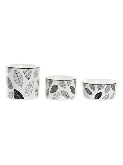Set de Aperitivo DKD Home Decor Blanco/Negro Bambú Gres Hojas Cottage 3 Piezas 8 cm 20 x 20 x 8 cm