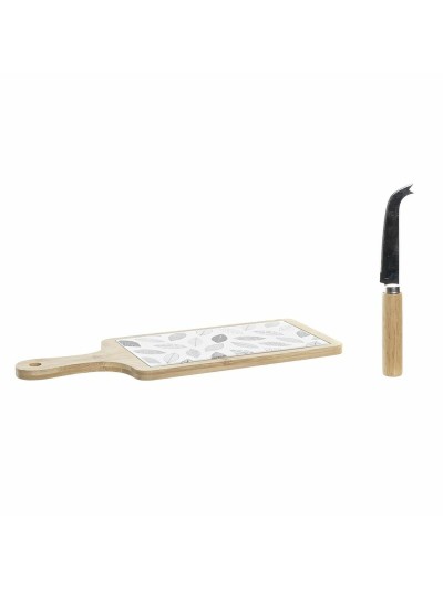 Set de Aperitivo DKD Home Decor Blanco/Negro Bambú Gres Hojas Cottage 3 Piezas 33 x 12 x 1 cm (3 piezas)