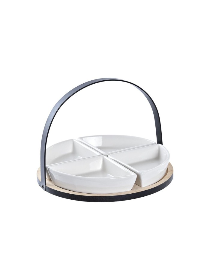 Appetizer Set DKD Home Decor White/Black Metal Bamboo Stoneware Loft 4 Pieces 21,5 x 21,5 x 14 cm