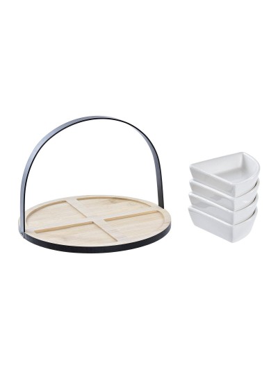 Appetizer Set DKD Home Decor White/Black Metal Bamboo Stoneware Loft 4 Pieces 21,5 x 21,5 x 14 cm