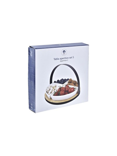 Appetizer Set DKD Home Decor White/Black Metal Bamboo Stoneware Loft 4 Pieces 21,5 x 21,5 x 14 cm