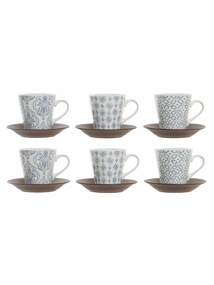 Cup DKD Home Decor Blue White Brown Rubber wood Stoneware 150 ml