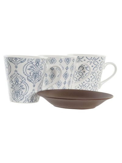 Taza DKD Home Decor Azul Blanco Marrón Madera de caucho Gres 150 ml