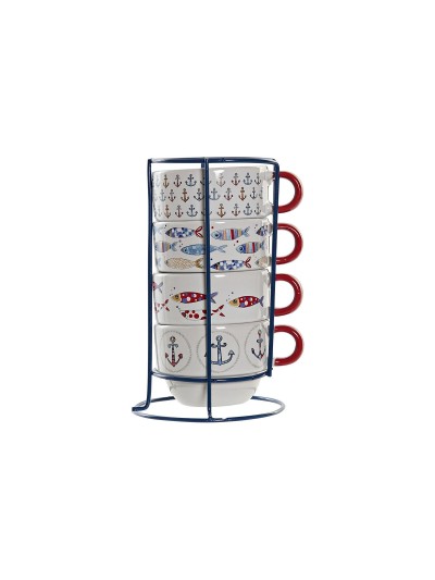 Juego de Tazas de Café DKD Home Decor Rojo Multicolor Metal Gres Mediterráneo 190 ml 4 Piezas