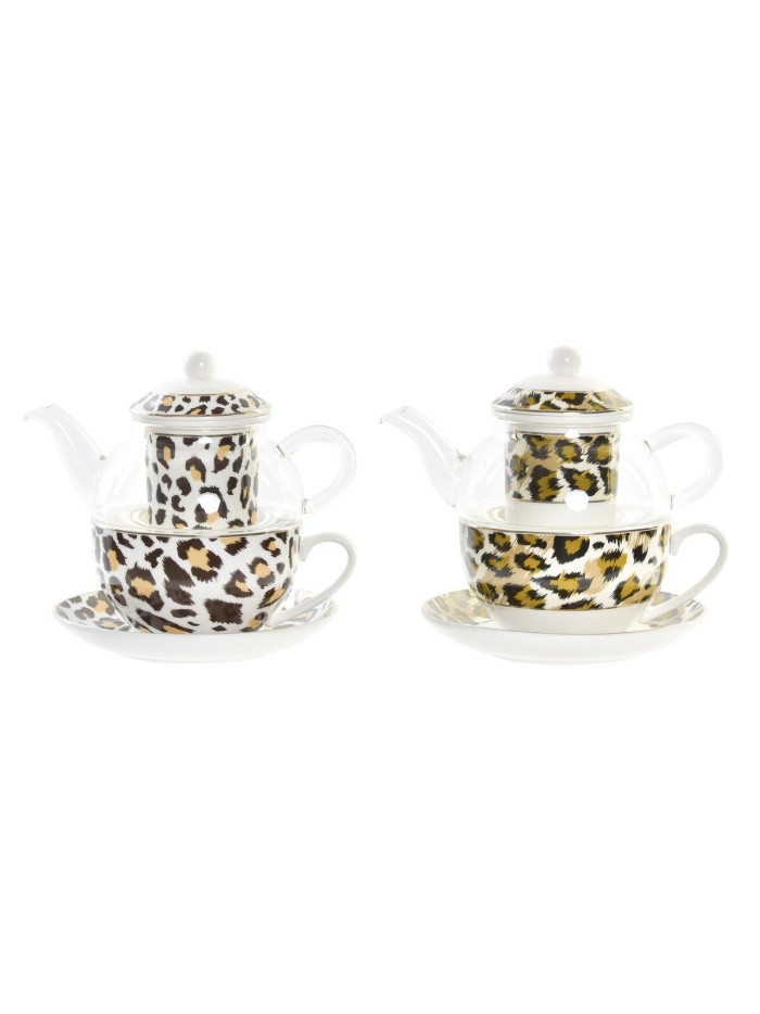 Teapot DKD Home Decor Leopard Crystal Porcelain Brown Transparent White (2 Units)