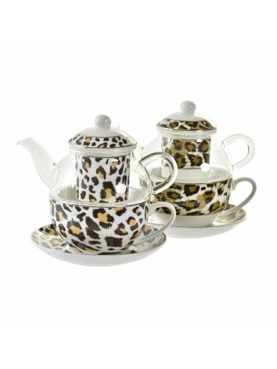 Tetera DKD Home Decor Leopardo Cristal Porcelana Marrón Transparente Blanco (2 Unidades)