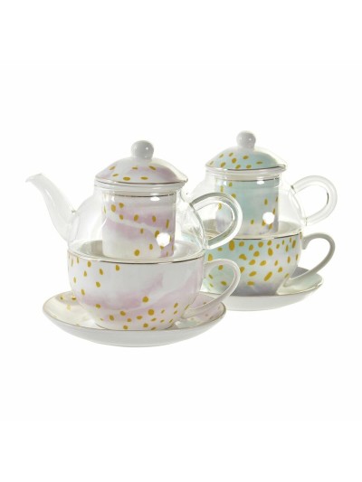 Théière DKD Home Decor Verre Porcelaine Rose Transparent Blanc Vert (2 Unités)