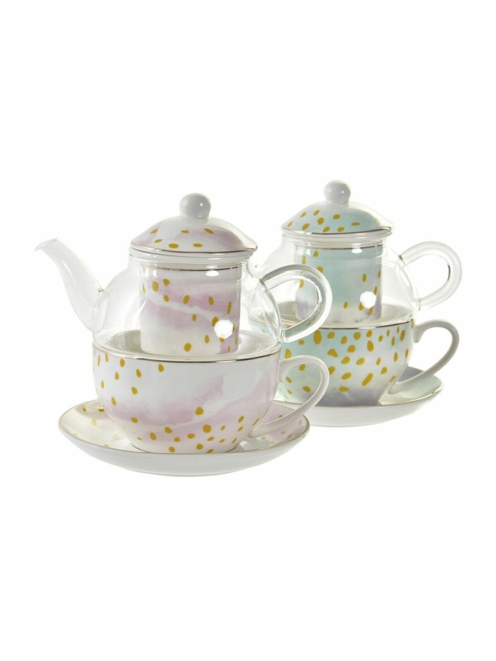 Teapot DKD Home Decor Crystal Porcelain Pink Transparent White Green (2 Units)