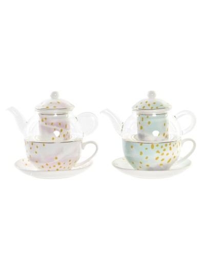Teapot DKD Home Decor Crystal Porcelain Pink Transparent White Green (2 Units)