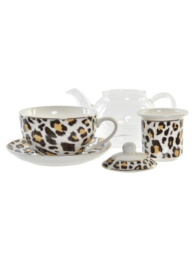 Tetera DKD Home Decor Leopardo Cristal Porcelana Marrón Transparente Blanco (2 Unidades)