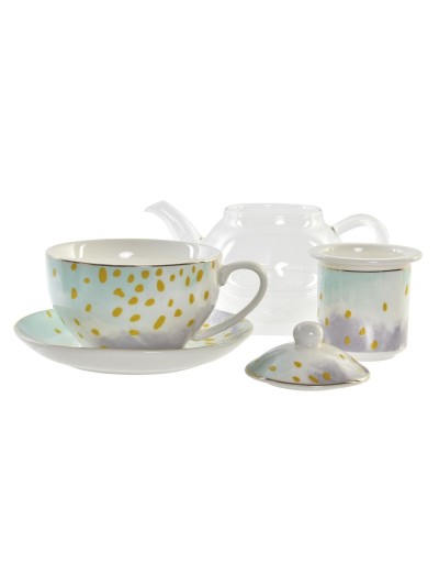 Tetera DKD Home Decor Cristal Porcelana Rosa Transparente Blanco Verde (2 Unidades)