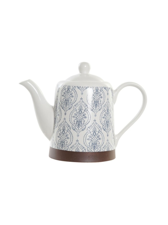Teapot DKD Home Decor Blue White Brown Rubber wood Stoneware