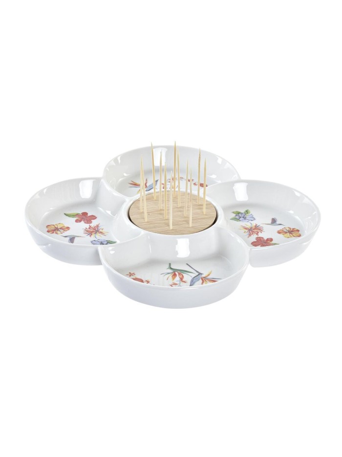 Snack tray DKD Home Decor Multicolour Natural Bamboo Stoneware Tropical 22 x 22 x 7 cm