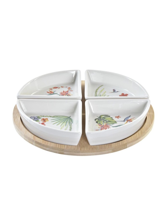 Appetizer Set DKD Home Decor White Multicolour Natural Bamboo Stoneware Tropical 21,5 x 21,5 x 1 cm (5 pcs)