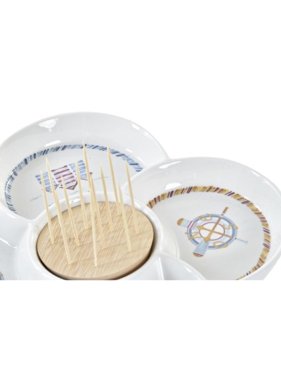 Snack tray DKD Home Decor Blue Natural Bamboo Stoneware Mediterranean 25 x 25 x 10 cm