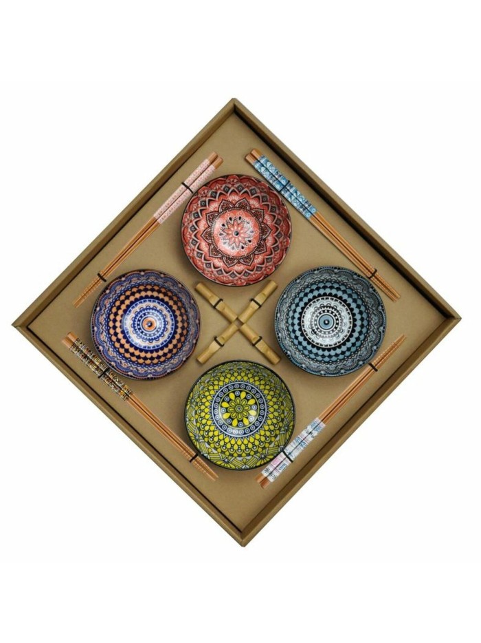 Set de Sushi DKD Home Decor Multicolor Bambú Gres Mandala Oriental 34 x 34 x 6,5 cm (12 Piezas)