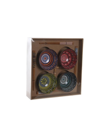 Set de sushi DKD Home Decor Multicouleur Bambou Grès Mandala Oriental 34 x 34 x 6,5 cm (12 Pièces)