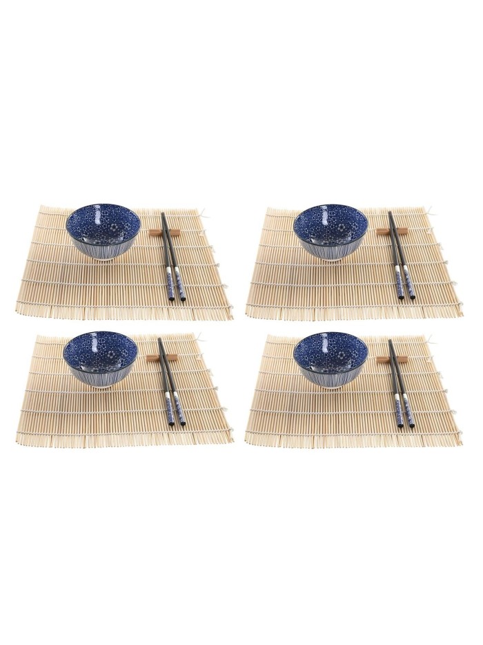 Set de sushi DKD Home Decor 14,5 x 14,5 x 31 cm Noir Bleu Grès Oriental (16 Pièces)