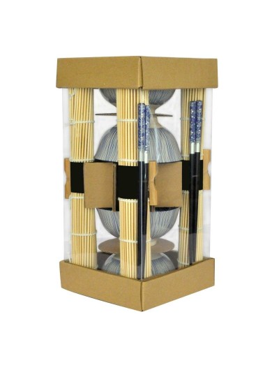 Set de sushi DKD Home Decor 14,5 x 14,5 x 31 cm Noir Bleu Grès Oriental (16 Pièces)