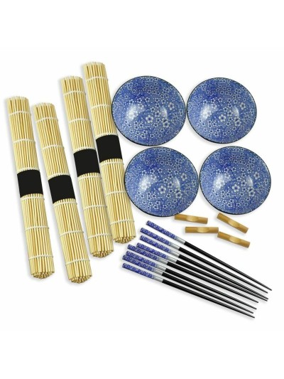Set de sushi DKD Home Decor 14,5 x 14,5 x 31 cm Noir Bleu Grès Oriental (16 Pièces)