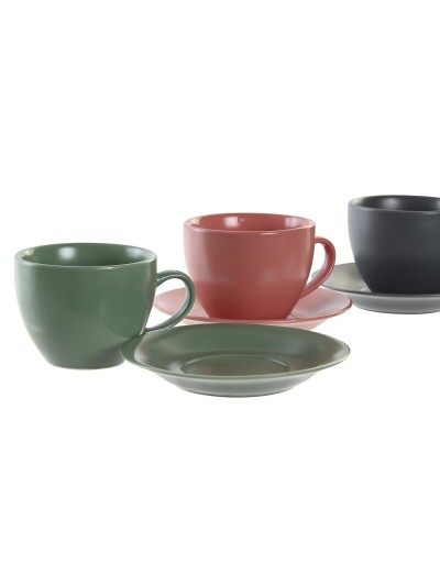 Juego de 6 Tazas con Plato DKD Home Decor Verde Rosa Gris oscuro Gres 150 ml 16 x 17 x 35 cm