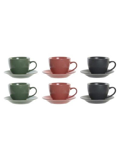 Juego de 6 Tazas con Plato DKD Home Decor Verde Rosa Gris oscuro Gres 150 ml 16 x 17 x 35 cm