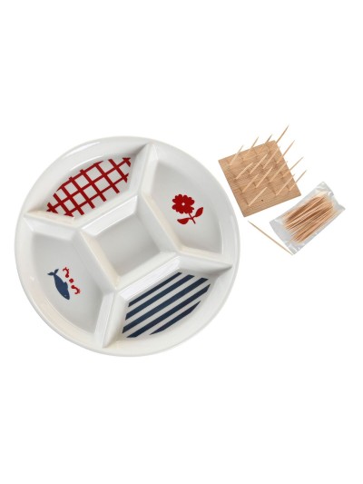 Appetizer Set DKD Home Decor 23,5 x 23,5 x 7 cm Red Blue White Stoneware Mediterranean Houses