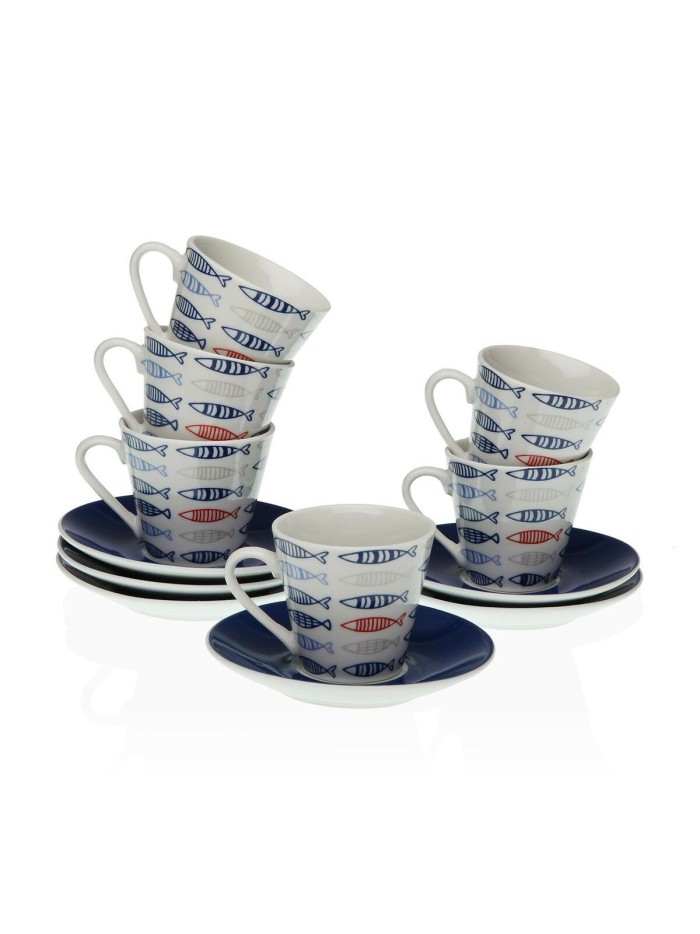 Set of Mugs with Saucers Versa Porcelain 5,8 x 6 x 5,8 cm Fish Coffee (12 Pieces)
