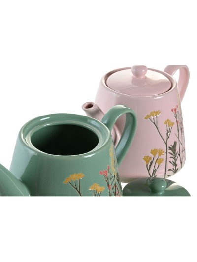 Teapot DKD Home Decor Pink Green Stoneware (2 Units)