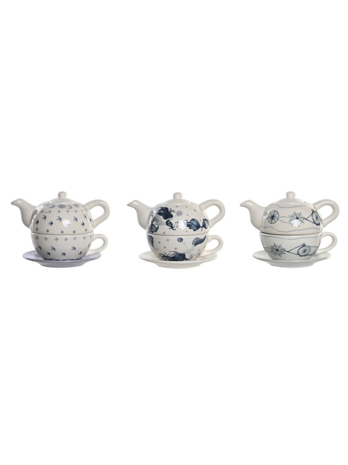 Tea Set DKD Home Decor Blue White 750 ml Dolomite (3 Units)