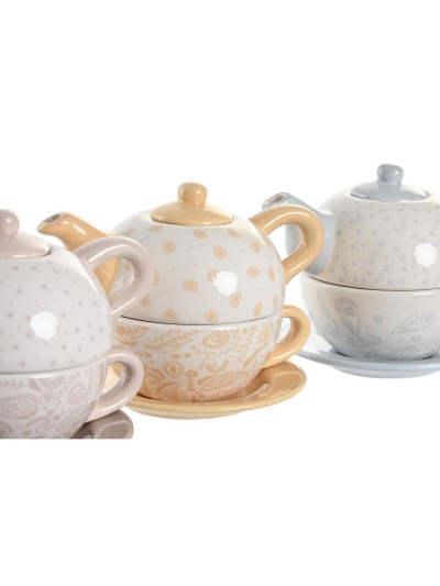 Tea Set DKD Home Decor Blue Pink Yellow 750 ml Dolomite (3 Units)