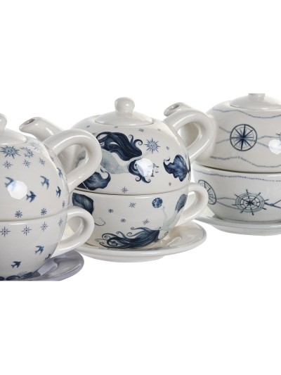 Jeu de Théière DKD Home Decor Bleu Blanc 750 ml Dolomite (3 Unités)