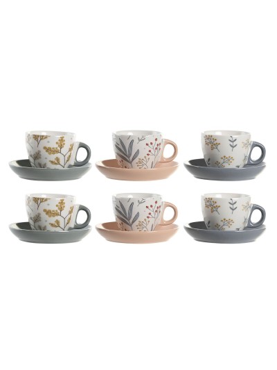 Lot de tasses avec soucoupes DKD Home Decor Bleu Gris Multicouleur Rose clair Porcelaine 90 ml 11 x 11 x 2 cm (3 Unités)