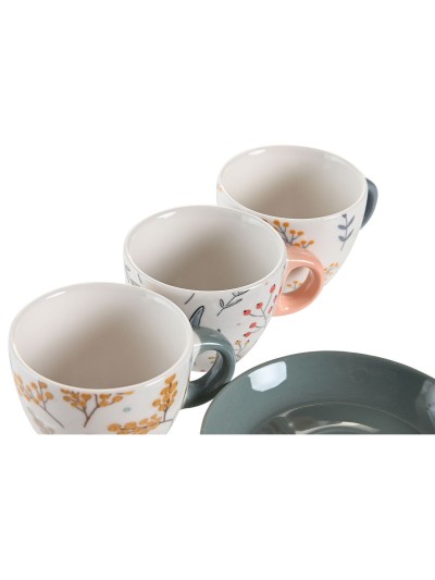Juego de Tazas con Platos DKD Home Decor Azul Gris Multicolor Rosa claro Porcelana 90 ml 11 x 11 x 2 cm (3 Unidades)