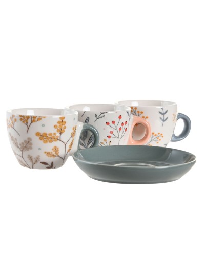 Set of Mugs with Saucers DKD Home Decor Blue Grey Multicolour Light Pink Porcelain 90 ml 11 x 11 x 2 cm (3 Units)