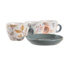 Juego de Tazas con Platos DKD Home Decor Azul Gris Multicolor Rosa claro Porcelana 90 ml 11 x 11 x 2 cm (3 Unidades)