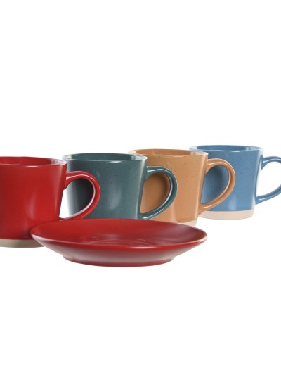 Juego de Tazas con Platos DKD Home Decor Amarillo Azul Rojo Verde Gres 180 ml 14 x 14 x 2 cm