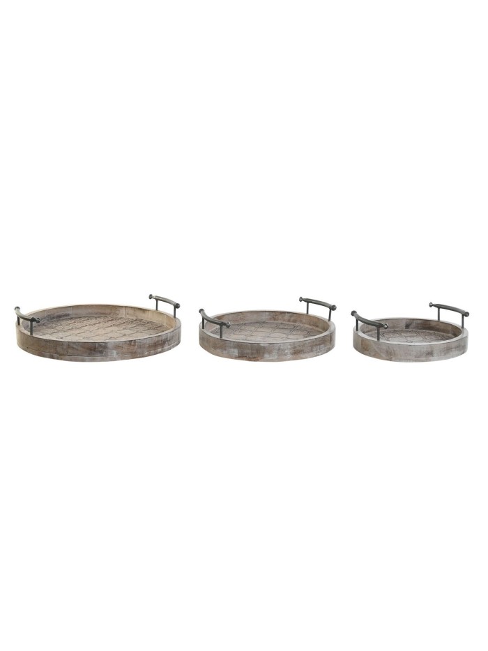 Juego de Bandejas DKD Home Decor Blanco Negro Natural Metal Madera de mango 46 x 46 x 10 cm
