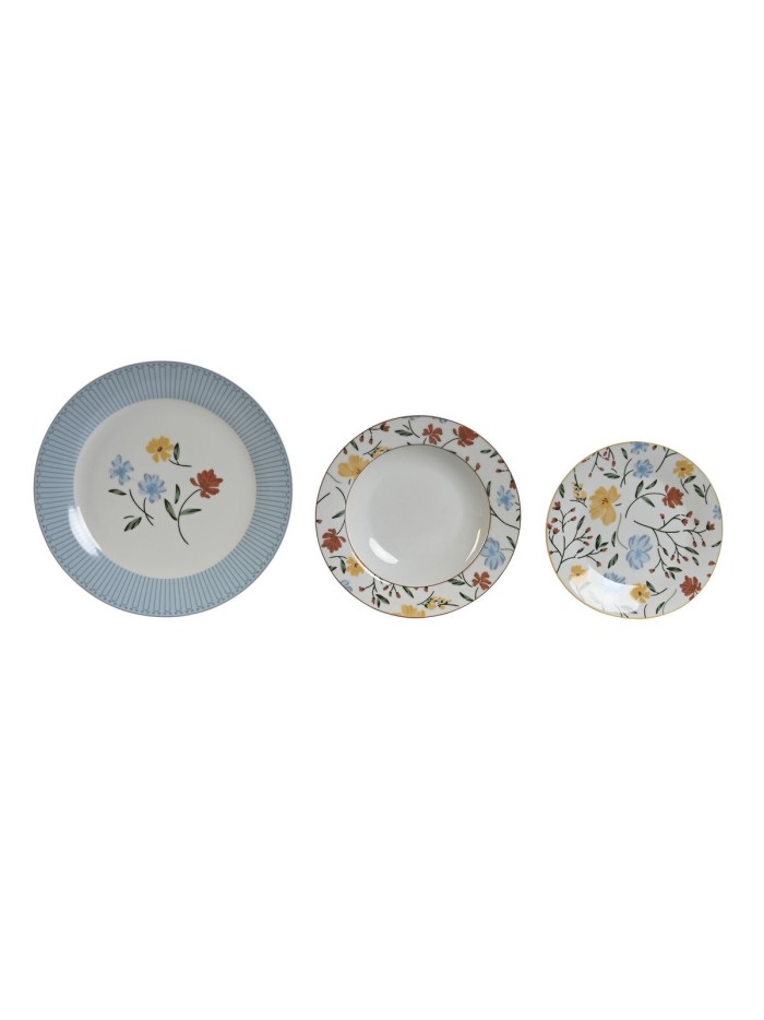 Vajilla DKD Home Decor Azul Blanco Porcelana Floral 27 x 27 x 3 cm 18 Piezas