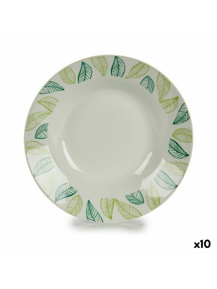 Plato Hondo Blanco Verde Ø 20,6 cm Hojas Porcelana (10 Unidades)