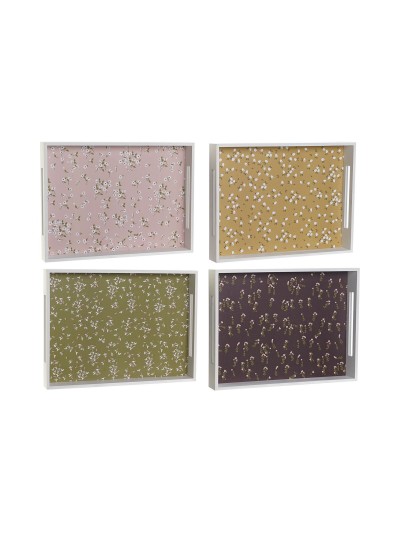 Plateau DKD Home Decor Vert Moutarde Brun foncé Rose clair Bois MDF 40 x 30 x 5 cm (4 Unités)