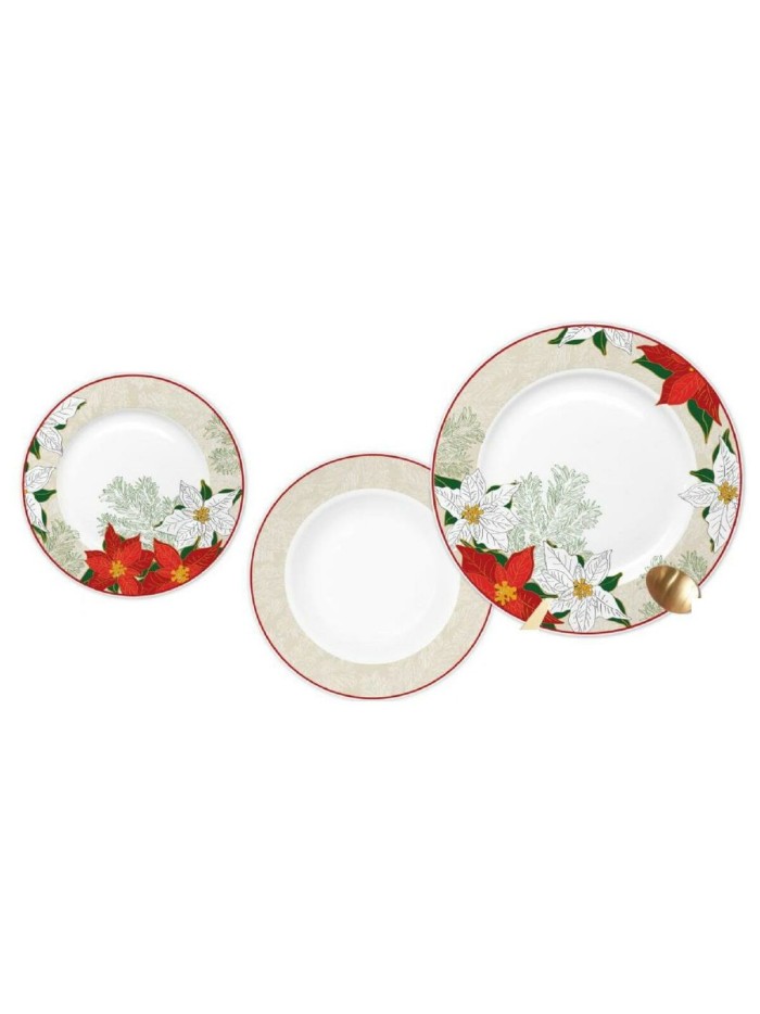 Tableware DKD Home Decor Red Beige Porcelain Flower Christmas 27 x 27 x 2 cm 18 Pieces