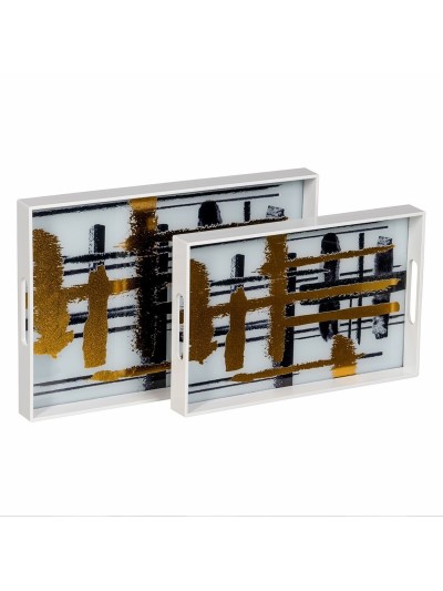 Plateau apéritif Blanc Noir Doré PVC Verre Abstrait 45 x 31 x 4,2 cm (2 Unités)