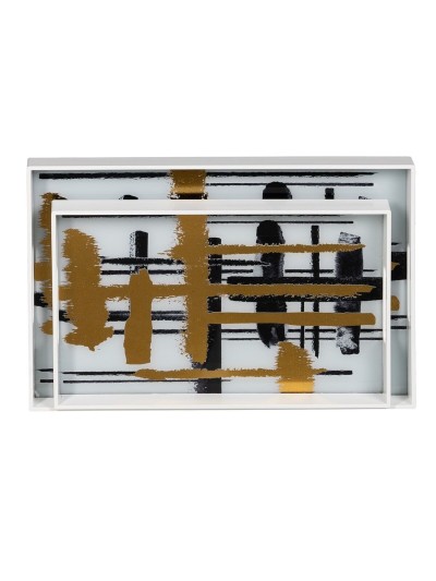 Bandeja de Aperitivos Blanco Negro Dorado PVC Cristal Abstracto 45 x 31 x 4,2 cm (2 Unidades)