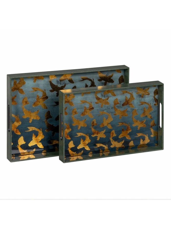 Plateau apéritif Bleu Doré PVC Verre Poissons 45 x 31 x 4,2 cm (2 Unités)